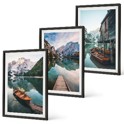 Conjunto de 3 quadros com moldura Lago, montanhas, barcos, chalé