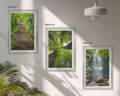 Conjunto de 3 quadros com moldura Trilha na floresta com cachoeira e vegetação