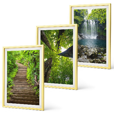 Conjunto de 3 quadros com moldura Trilha na floresta com cachoeira e vegetação