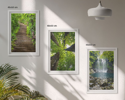 Conjunto de 3 quadros com moldura Trilha na floresta com cachoeira e vegetação