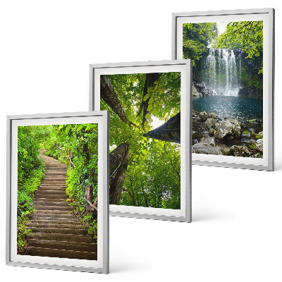 Conjunto de 3 quadros com moldura Trilha na floresta com cachoeira e vegetação