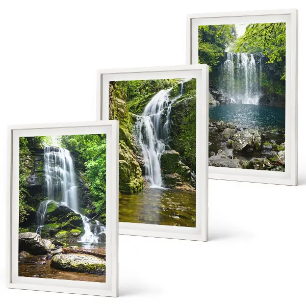 Conjunto de quadros para sala de estar com estampa de cachoeiras em meio à vegetação exuberante