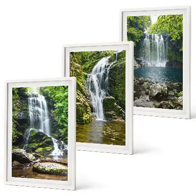 Conjunto de quadros para sala de estar com estampa de cachoeiras em meio à vegetação exuberante