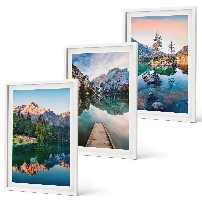 Composição de quadros moderna floresta com reflexos em lago de montanha