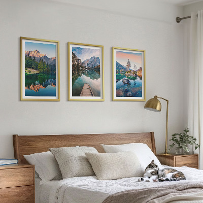 Composição de quadros moderna floresta de reflexos de lagos de montanha