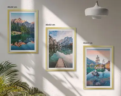 Composição de quadros moderna floresta com reflexos em lago de montanha