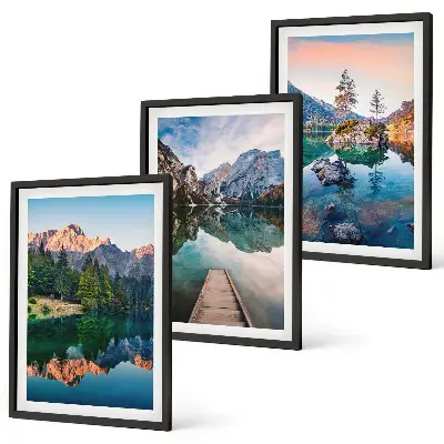 Composição de quadros moderna floresta com reflexos em lago de montanha