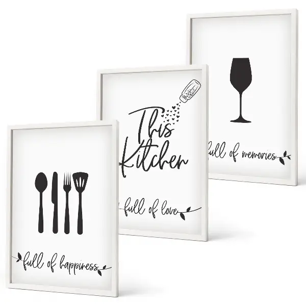 Conjunto de 3 quadros com moldura com estampas de utensílios de cozinha