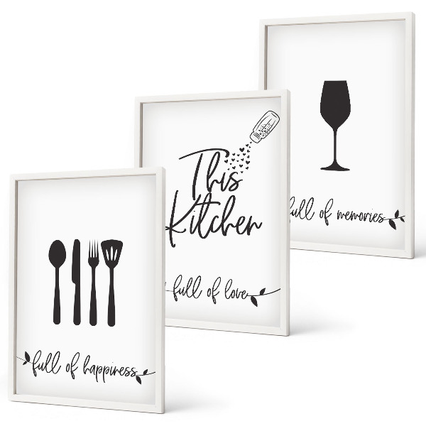 Conjunto de 3 quadros com moldura Padrões de utensílios de cozinha