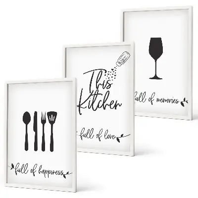 Conjunto de 3 quadros com moldura com estampas de utensílios de cozinha