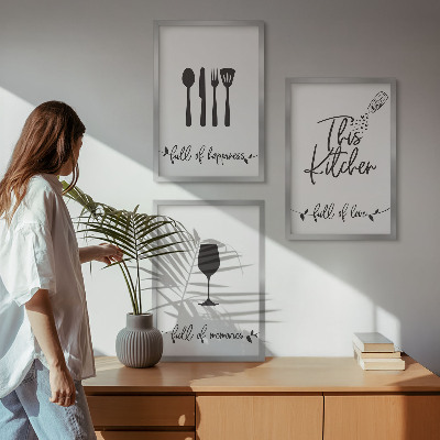 Conjunto de 3 quadros com moldura Padrões de utensílios de cozinha
