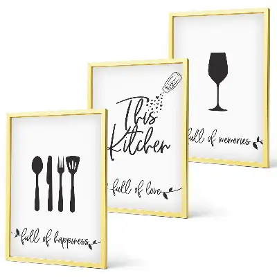 Conjunto de 3 quadros com moldura com estampas de utensílios de cozinha