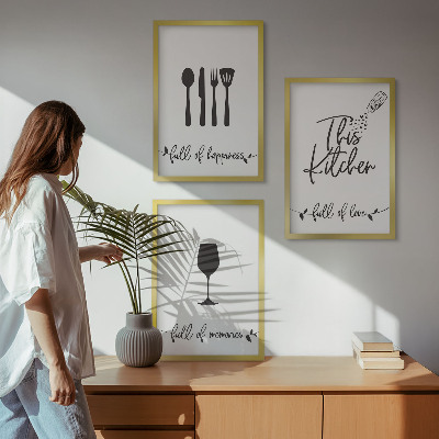 Conjunto de 3 quadros com moldura Padrões de utensílios de cozinha