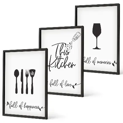Conjunto de 3 quadros com moldura com estampas de utensílios de cozinha