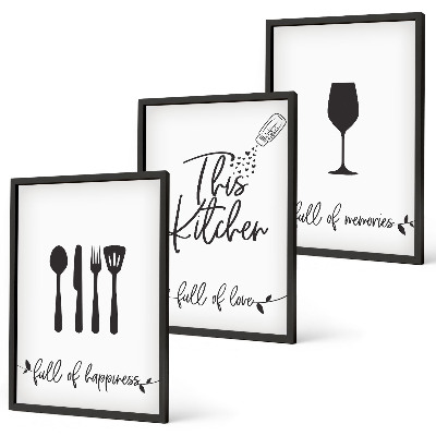 Conjunto de 3 quadros com moldura Padrões de utensílios de cozinha