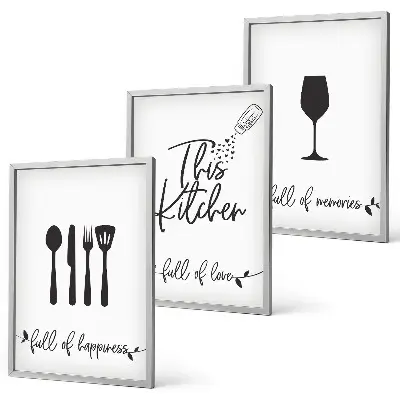 Conjunto de 3 quadros com moldura com estampas de utensílios de cozinha