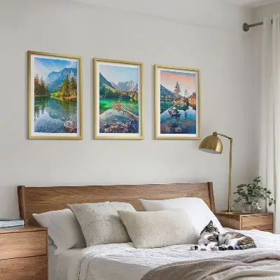 Conjunto de quadros para sala de estar com paisagem natural de lagos de montanha