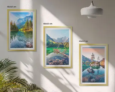 Conjunto de quadros para sala de estar com paisagem natural de lagos de montanha