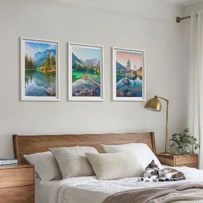 Conjunto de quadros para sala de estar com paisagem natural de lagos de montanha