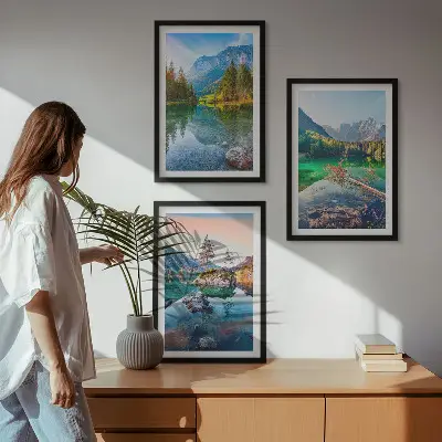 Conjunto de quadros para sala de estar com paisagem natural de lagos de montanha
