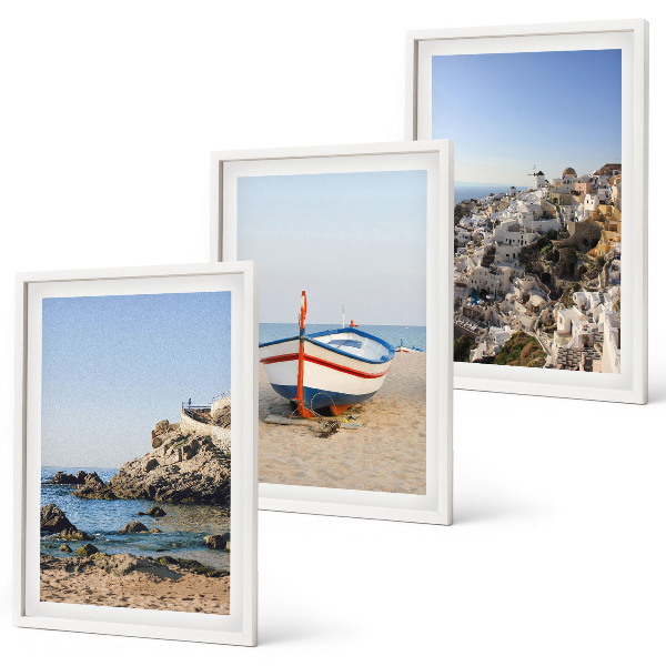 Conjunto de 3 quadros com moldura Vistas da Grécia a partir de um barco e casas