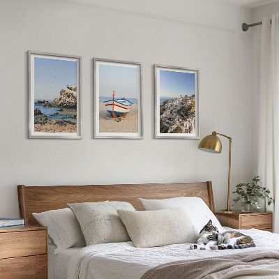 Conjunto de 3 quadros com moldura Vistas da Grécia a partir de um barco e casas