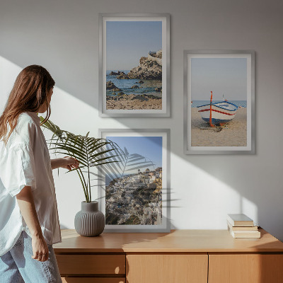 Conjunto de 3 quadros com moldura Vistas da Grécia a partir de um barco e casas