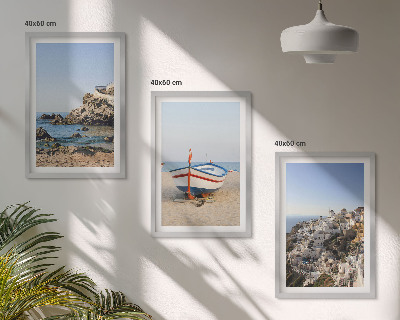 Conjunto de 3 quadros com moldura Vistas da Grécia a partir de um barco e casas