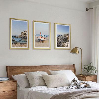 Conjunto de 3 quadros com moldura Vistas da Grécia a partir de um barco e casas