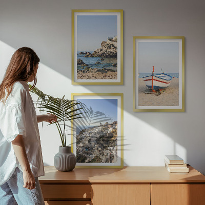 Conjunto de 3 quadros com moldura Vistas da Grécia a partir de um barco e casas