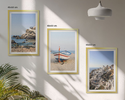 Conjunto de 3 quadros com moldura Vistas da Grécia a partir de um barco e casas
