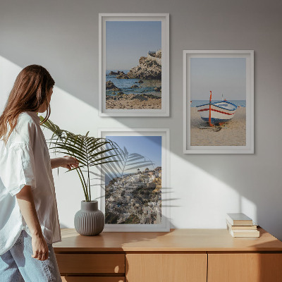 Conjunto de 3 quadros com moldura Vistas da Grécia a partir de um barco e casas