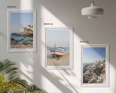 Conjunto de 3 quadros com moldura Vistas da Grécia a partir de um barco e casas