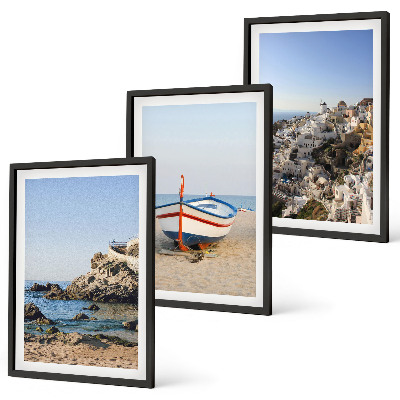 Conjunto de 3 quadros com moldura Vistas da Grécia a partir de um barco e casas