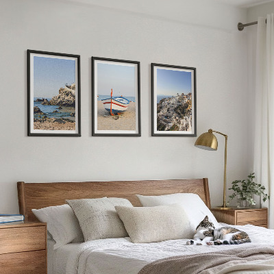 Conjunto de 3 quadros com moldura Vistas da Grécia a partir de um barco e casas