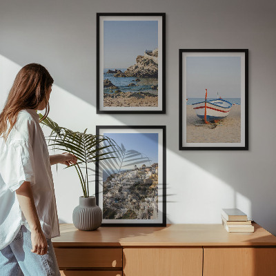 Conjunto de 3 quadros com moldura Vistas da Grécia a partir de um barco e casas