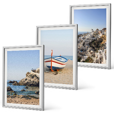 Conjunto de 3 quadros com moldura Vistas da Grécia a partir de um barco e casas
