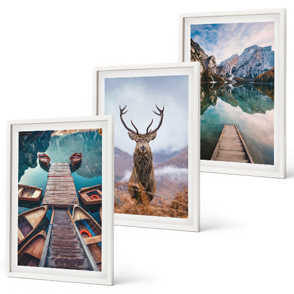 Conjunto de quadros para sala de estar barcos no lago veados montanhas