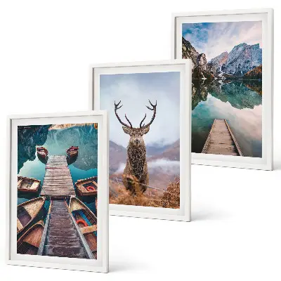 Conjunto de quadros para sala de estar com temática de barcos no lago, veados e montanhas