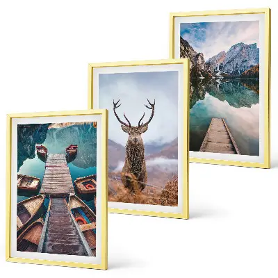Conjunto de quadros para sala de estar com temática de barcos no lago, veados e montanhas