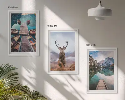 Conjunto de quadros para sala de estar com temática de barcos no lago, veados e montanhas
