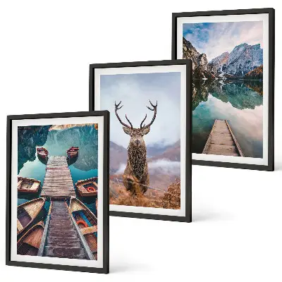 Conjunto de quadros para sala de estar com temática de barcos no lago, veados e montanhas