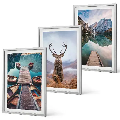 Conjunto de quadros para sala de estar com temática de barcos no lago, veados e montanhas