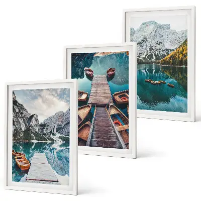 Composição de quadros moderna com paisagem de lago, pontes e montanhas