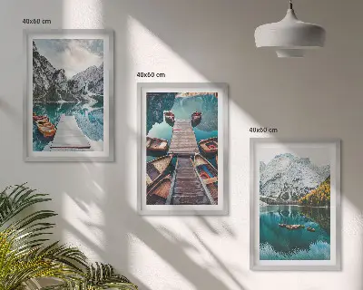 Composição de quadros moderna com paisagem de lago, pontes e montanhas