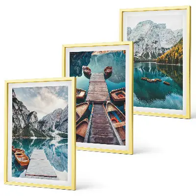 Composição de quadros moderna com paisagem de lago, pontes e montanhas