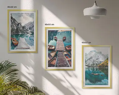 Composição de quadros moderna com paisagem de lago, pontes e montanhas