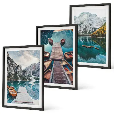 Composição de quadros moderna com paisagem de lago, pontes e montanhas