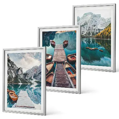 Composição de quadros moderna com paisagem de lago, pontes e montanhas