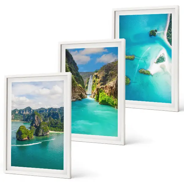 Conjunto de 3 quadros com moldura estampa ilhas tropicais com águas turquesas